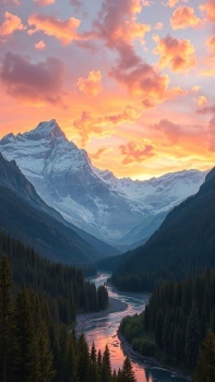The sun rises over snow covered mountains