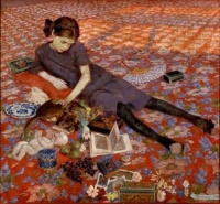 Felice Casorati (Italian 1883-1963)  - Bambina Che Gioca su Tappeto Rosso (Little girl playing on red carpet), 1912 g