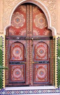 Magnificent Red Door - Carved Stucco / Cut-Tile Mosaic / Carved and Painted Wood = MOROCCO