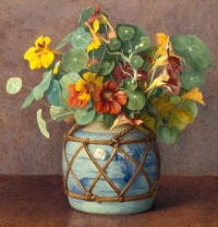 American School (19th century), Still Life with Nasturtiums in a Chinese Export Jar (1884)