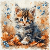 Blue-eyed kitten in the leaves