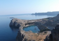 Looking down at dusk to St Paul's Bay from the acropolis at Lindos, Rhodes