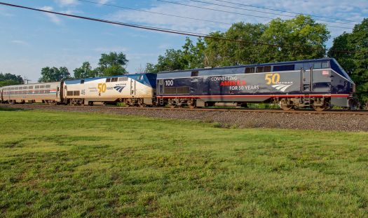Amtrak train P049 August 19, 2021. Two 50th anniversary engines