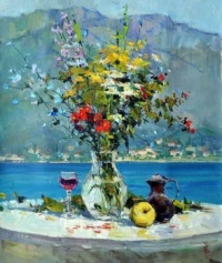 Flowers with Fruit and Wine and Beautiful Background  ~ Igor Pozdeev (Ukrainian, 1969...active)