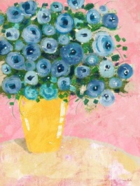 blue flowers in a yellow vase by Linda Woods