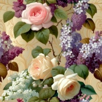 Roses and lilacs on a golden background