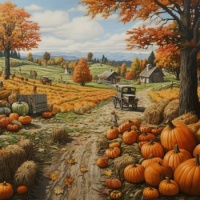 Autumn Farm Road with Pumpkins