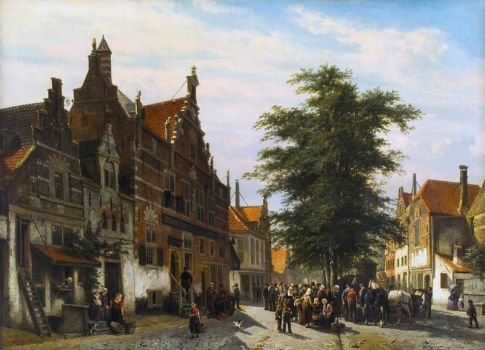 Cheese market with the Weigh house in Enkhuizen (NL) ~ Cornelis Springer  (1817–1891)