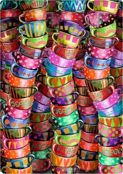 Multi coloured stacks tiers of cups