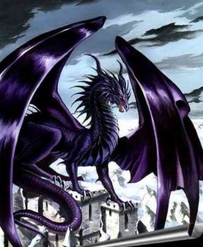 Purple dragon standing on buildings