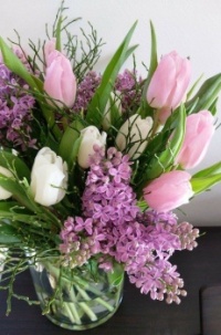 Happiness  is...Beautiful Glass Vase of Tulips and Lilacs.