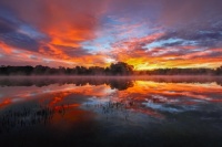 Misty lake sunset