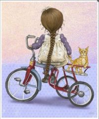 A Girl on a Tricycle with Her Cat