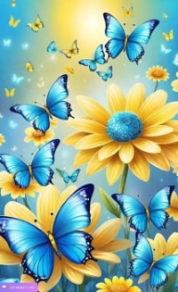 Blue Butterflies & Golden Flowers - art