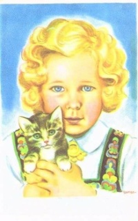 Themes Vintage illustrations/pictures - Girl with kitten