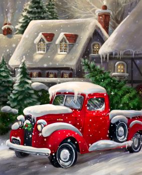 Christmas Red Truck Snow Scene