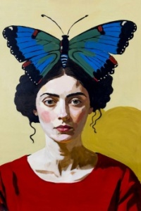 Lady in Red with a Butterfly Headpiece ~ Rebecca Aldernet (Canadian, New Brunswick...active)