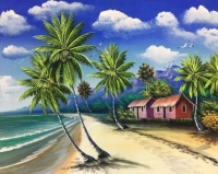 Colorful Caribbean Beach-Palms and Huts