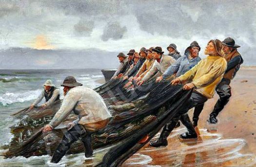 Michael Ancher (1849-1927) - Scenery from Skagen Beach with Fishermen Pulling Nets Ashore , 1909