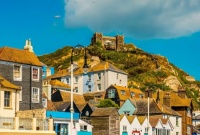 Hastings, with the funicular at the top of the Hill,  East Sussex, UK