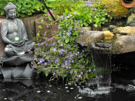 Boeddha bij de vijver en waterval