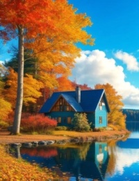 Blue House by the Lake in Autumn, Reflecting in the Water....