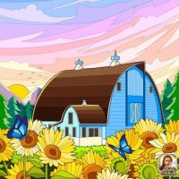 A Blue Barn and Sunflowers