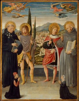 Benozzo_Gozzoli_-_Saints_Nicholas_of_Tolentino,_Roch,_Sebastian,_and_Bernardino_of_Siena,_with_Kneeling_Donors