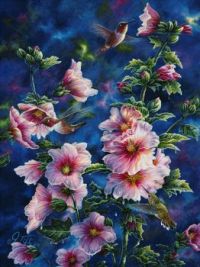 Hollyhocks And Hummingbirds by Jeff Tift