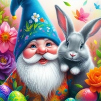 happy gnome Norman with the Easter Bunny