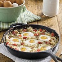 What's for breakfast?  Ham. eggs and hash browns all in a skillet together!