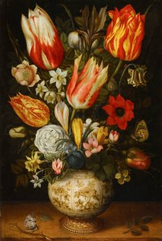 Still Life with Tulips, Roses, Narissi, Daffodils, Crocuses, an Iris, etc.  Christoffel van den Berghe  circa 1616-1617