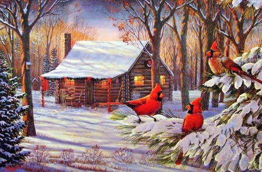 Solve Snow Cabin & Cardinals jigsaw puzzle online with 77 pieces