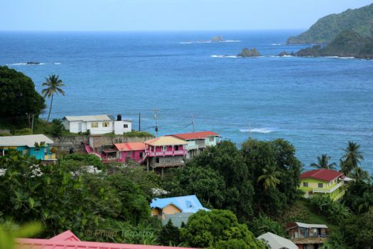 Part of a village on Tobago, with a nice view of some smaller islands offshore.