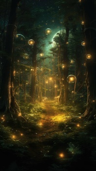 a peaceful forest with orbs