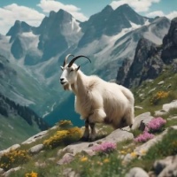 A Mountain Goat with Flowers and Mountains