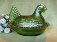 Indiana Green Carnival Glass Hen on Nest