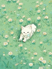 White kitten in a field with flowers