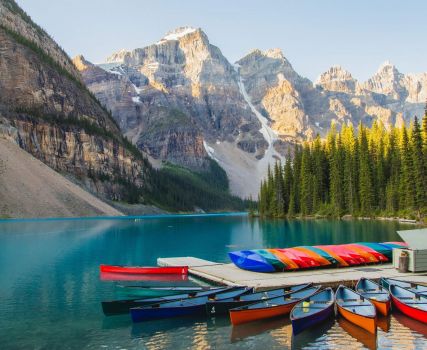 Canoes on a mountain lake
