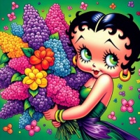 Betty Boop carrying a  bouquet of lilacs