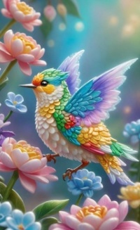 Many Colored Bird & Flowers - art
