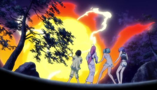 Yukari, Moka, Kurumu and Mizore facing a giant fireball